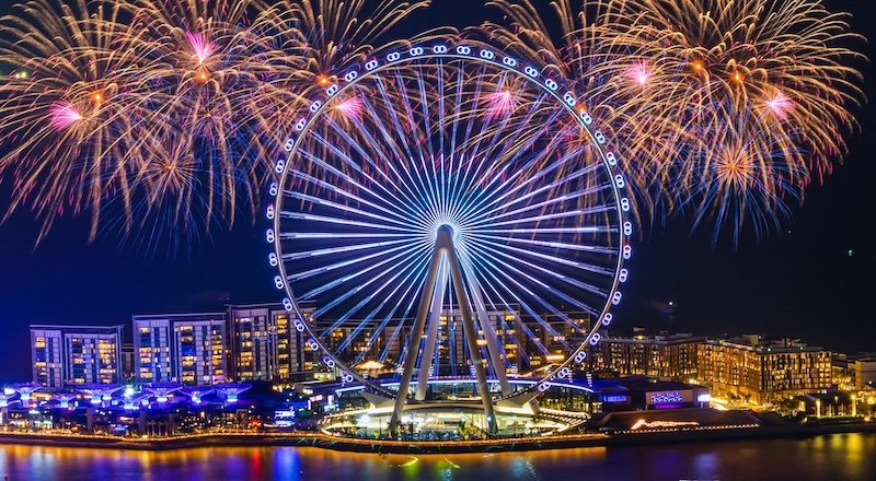 Dubai, UAE - Oct 21, 2021: Spectacular fireworks show to celebrate Ain Dubai opening
