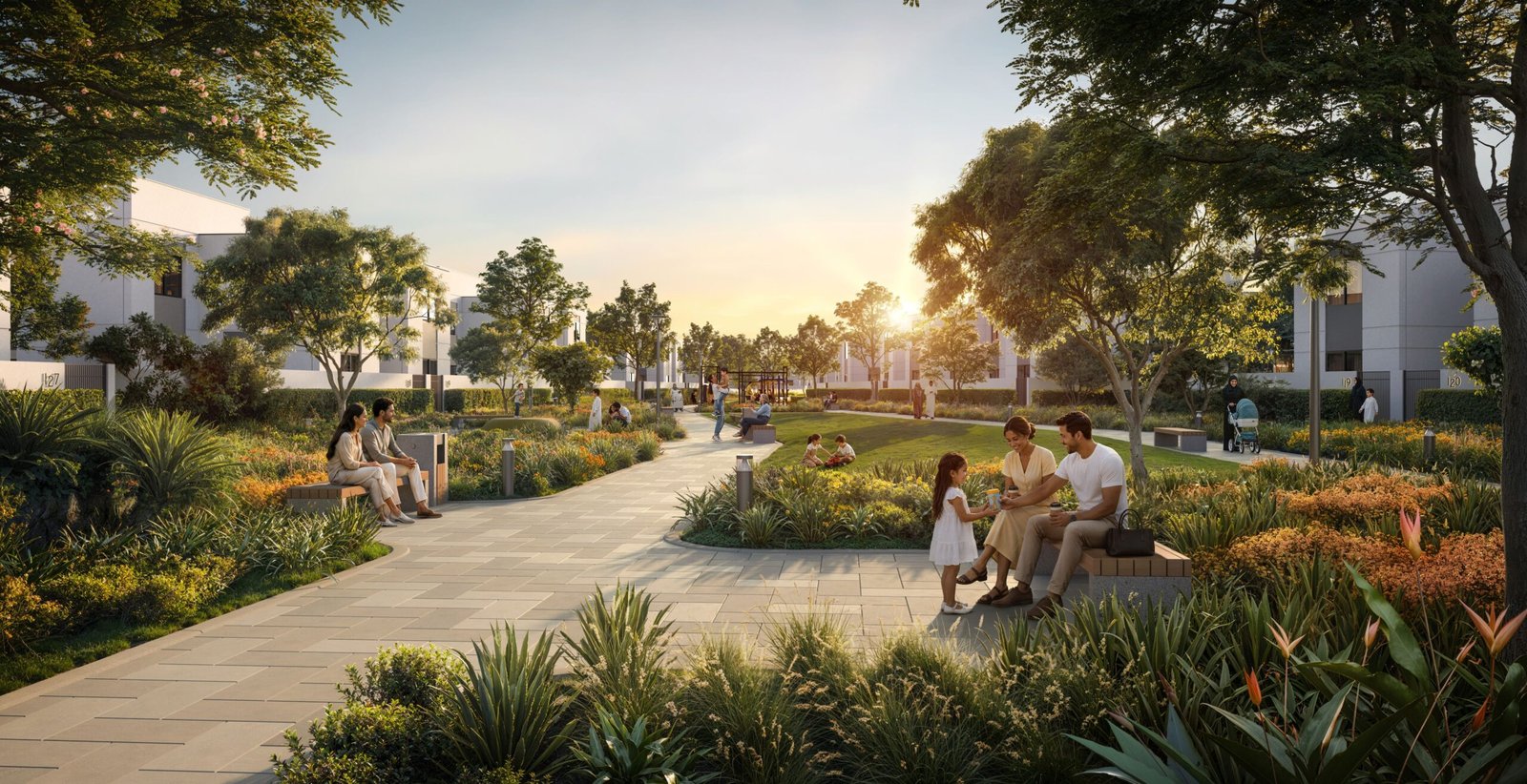 Landscaped community park with a walking path and residents seated at sunset, rendered view