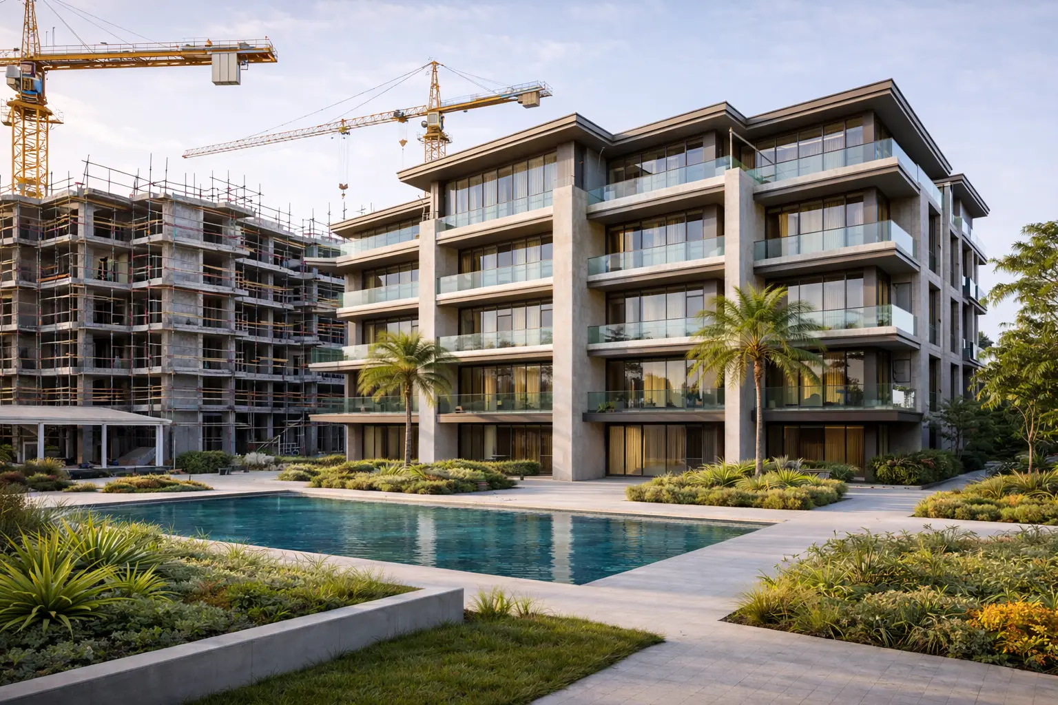 Low-rise apartment buildings with a pool and construction cranes on site