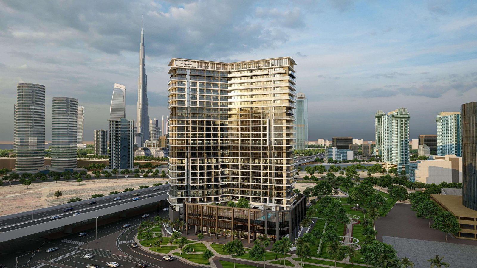 Mid-rise residential tower beside a highway with Burj Khalifa in the distance