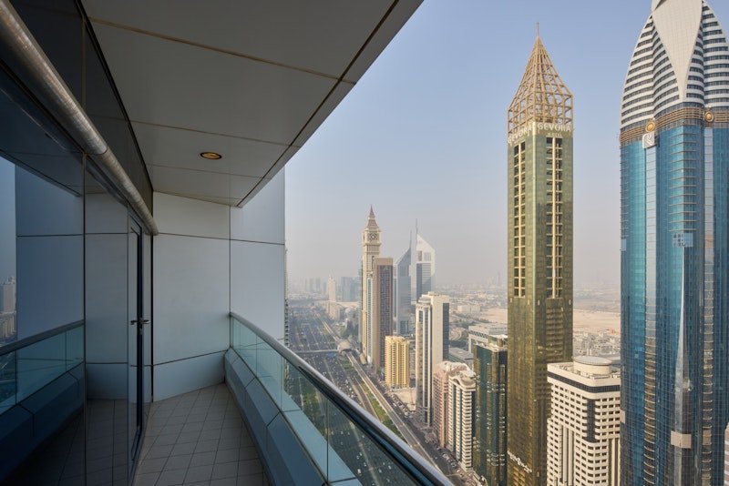 Skyscrapers seen from a high-rise balcony