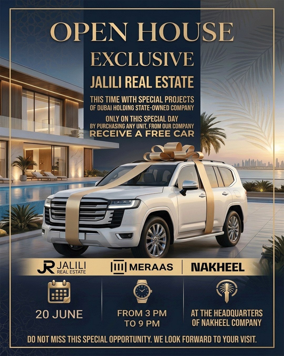 Jalili Real Estate Open House flyer — special projects of Dubai Holding with Meraas and Nakheel, 20 June, 3 to 9 PM