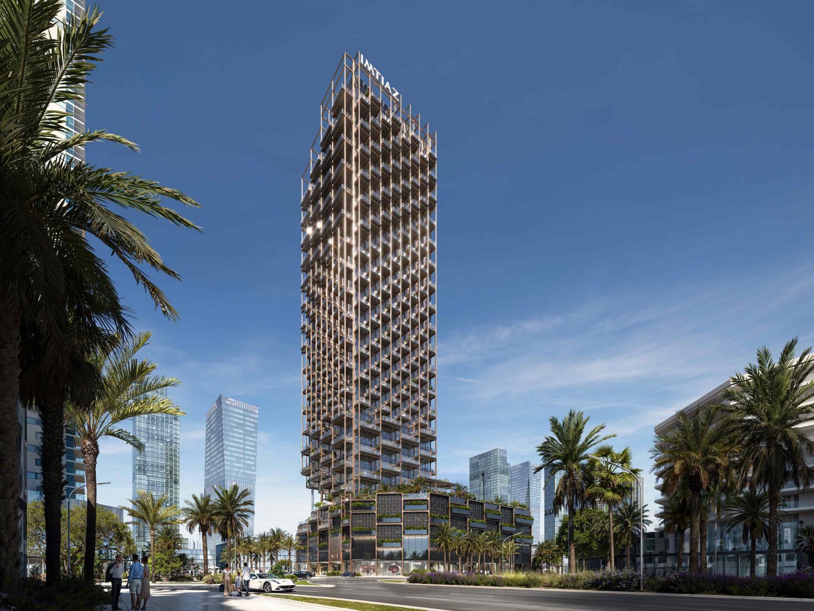 The Symphony by Imtiaz: tall residential tower with a lattice facade among palm trees