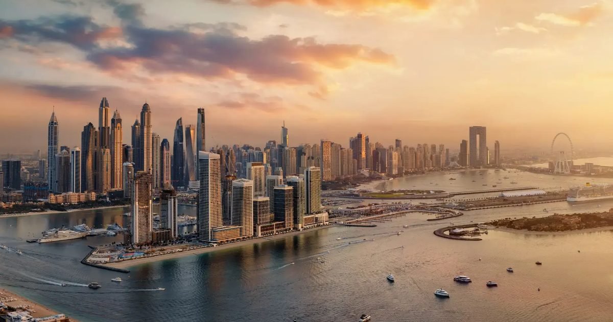 Dubai Marina skyline at sunset