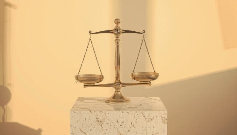 Brass balance scale on a travertine plinth in soft golden light