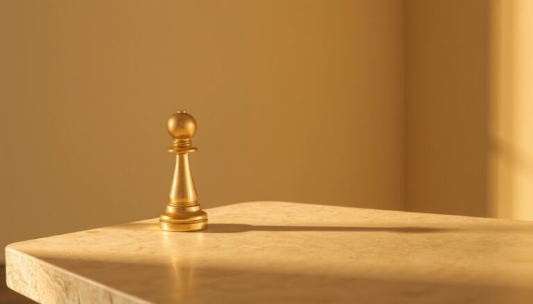 Single brass chess pawn on a travertine table in golden light