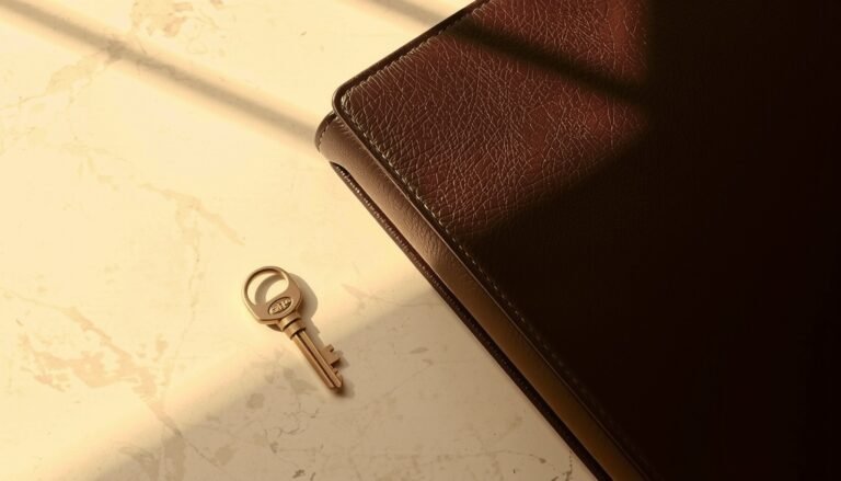 Brass key beside a dark leather folio on a travertine desk in low golden light