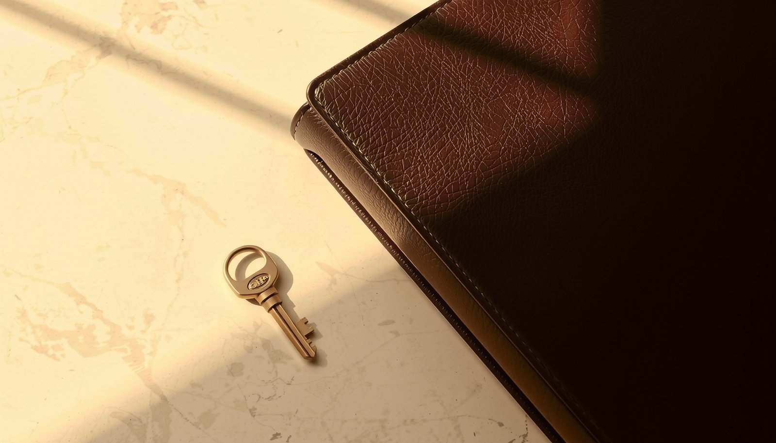 Brass key beside a dark leather folio on a travertine desk in low golden light
