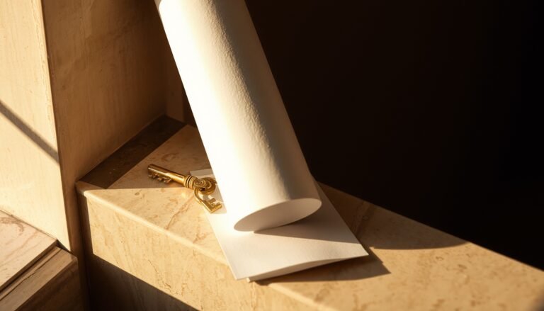 Brass key and a rolled sheet of drafting paper on a travertine ledge in low golden light