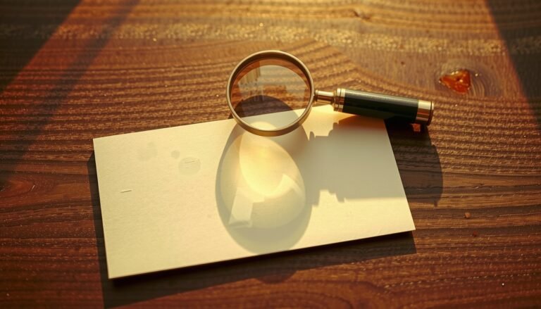 Brass magnifying loupe resting on a blank ivory card on a walnut desk in low golden light