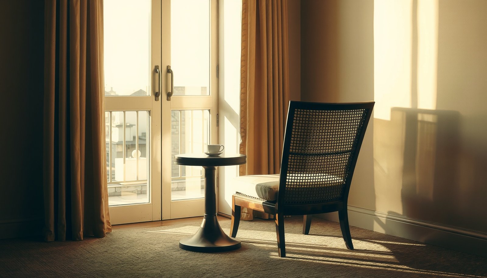Cane-backed armchair and a side table with a cup of tea by sunlit French doors