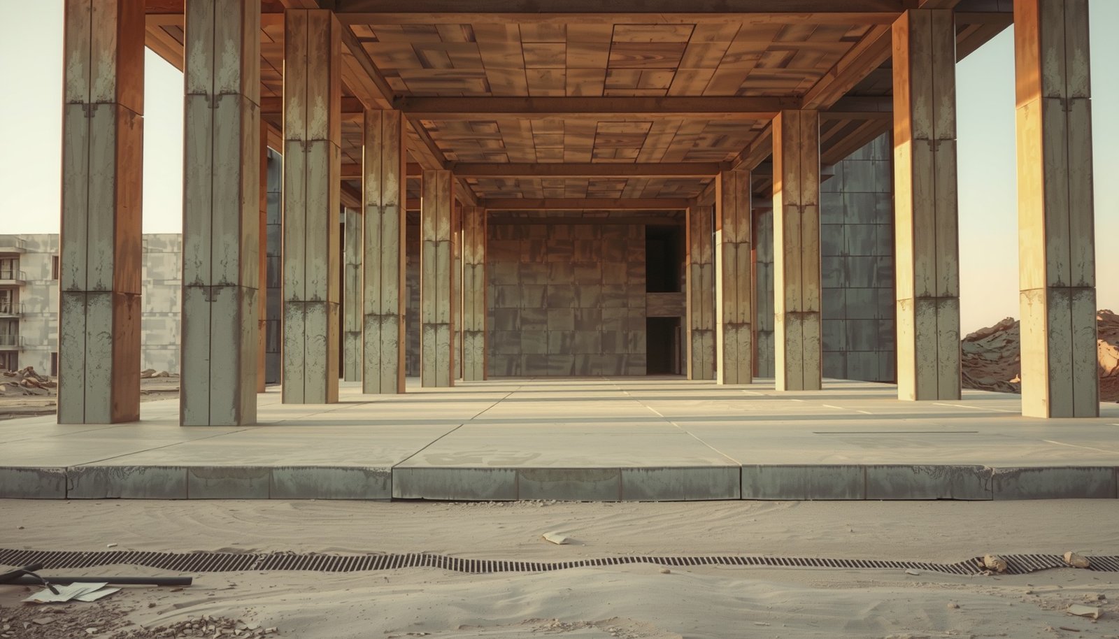 Concrete columns and slabs of a building under construction in low golden light