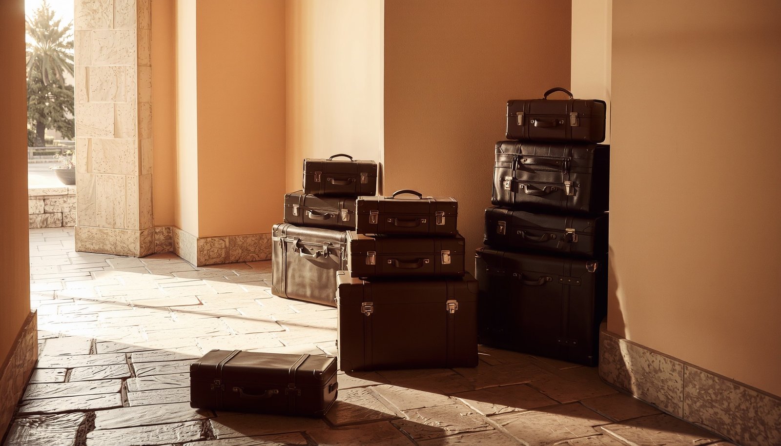 Stacked leather travel cases in a sunlit stone entrance hall
