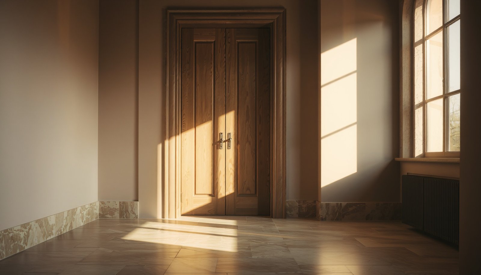 Pale oak double door in a quiet entrance hall with golden light across a stone floor