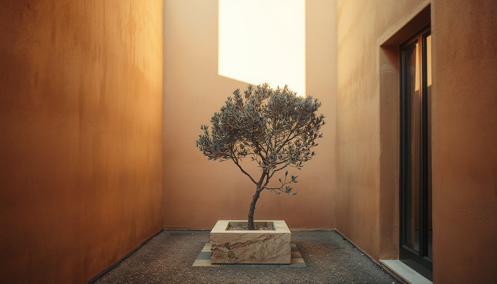 Olive tree in a travertine planter in a sand-coloured courtyard at golden hour
