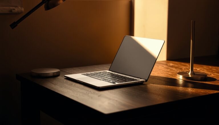 Open laptop with a dark screen on a walnut desk beside a brass lamp in warm light