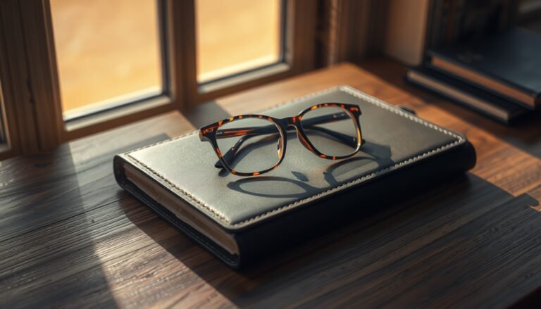 Tortoiseshell reading glasses on a closed leather notebook on a walnut desk