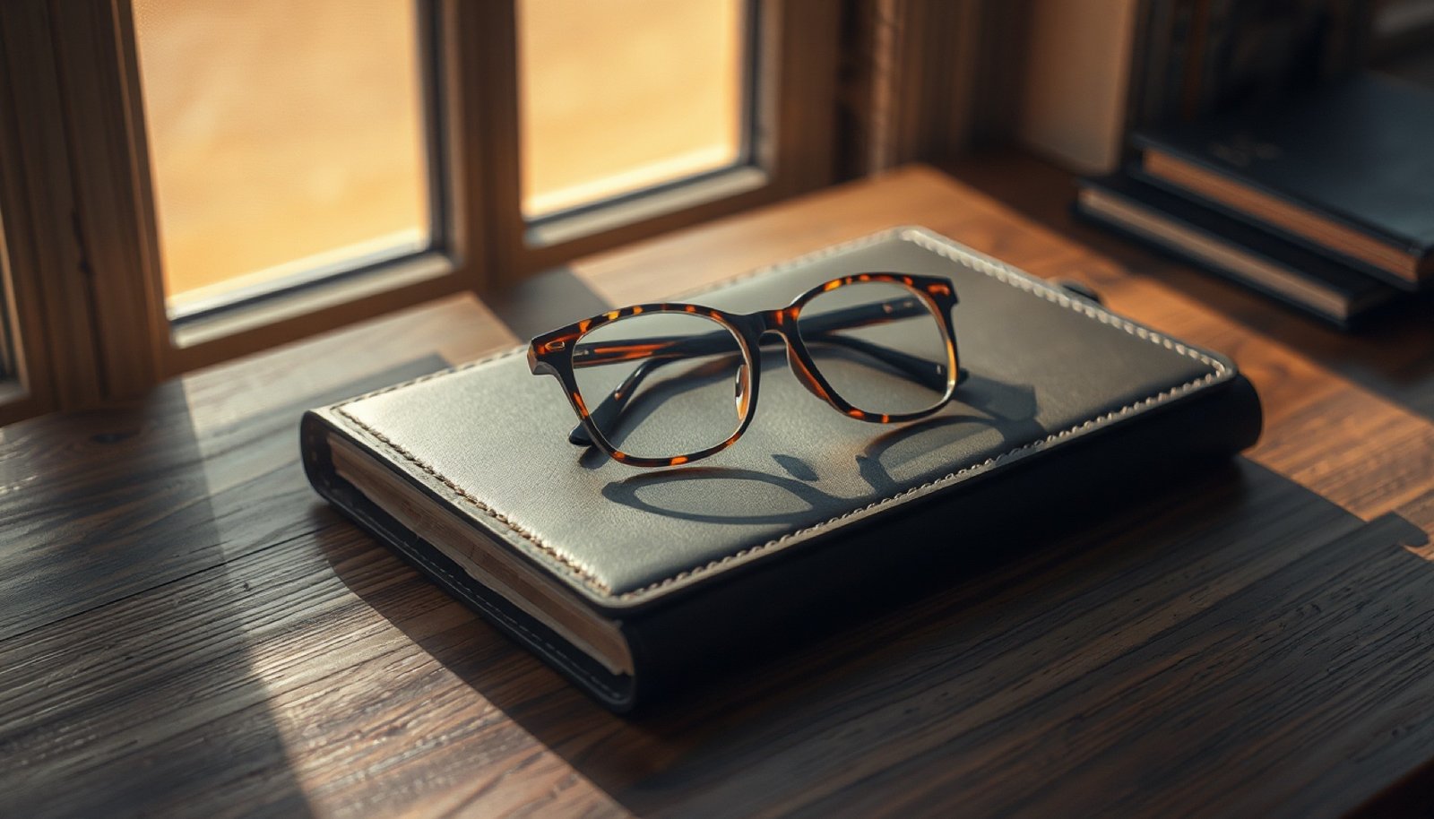 Tortoiseshell reading glasses on a closed leather notebook on a walnut desk