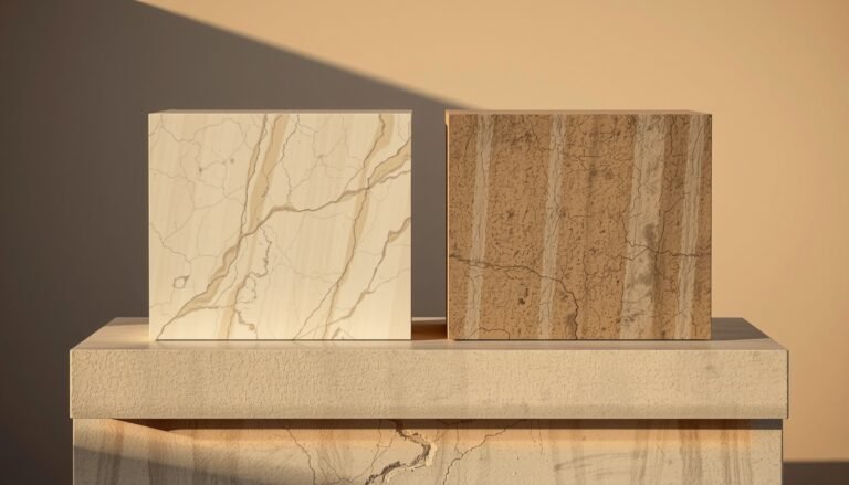 A polished travertine cube beside a raw concrete cube on a stone plinth
