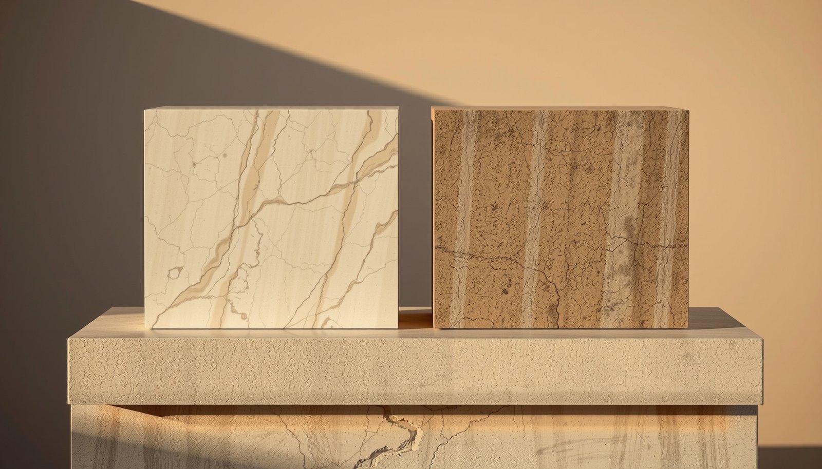 A polished travertine cube beside a raw concrete cube on a stone plinth
