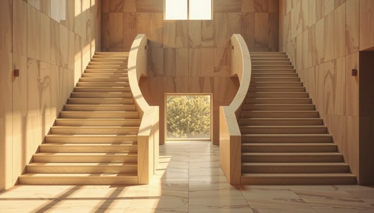 Two matching travertine staircases rising side by side in a sunlit stone atrium
