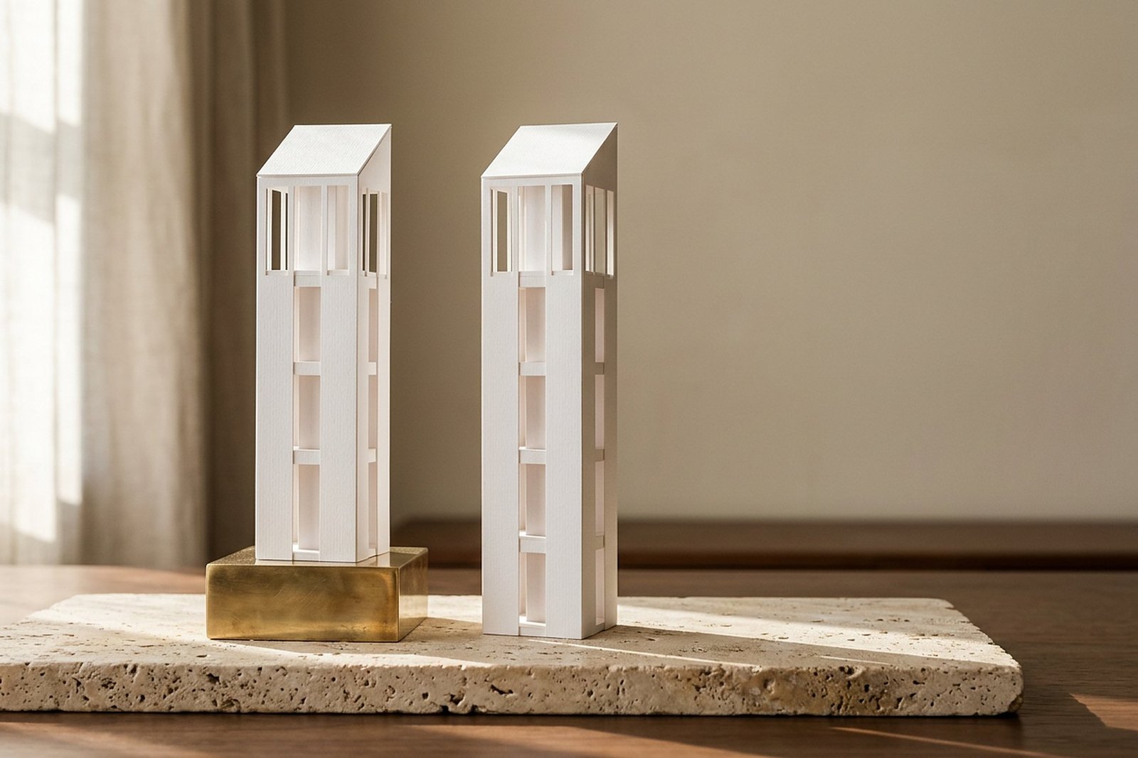 Two identical white card-stock tower models, one raised on a brass plinth, on a travertine slab