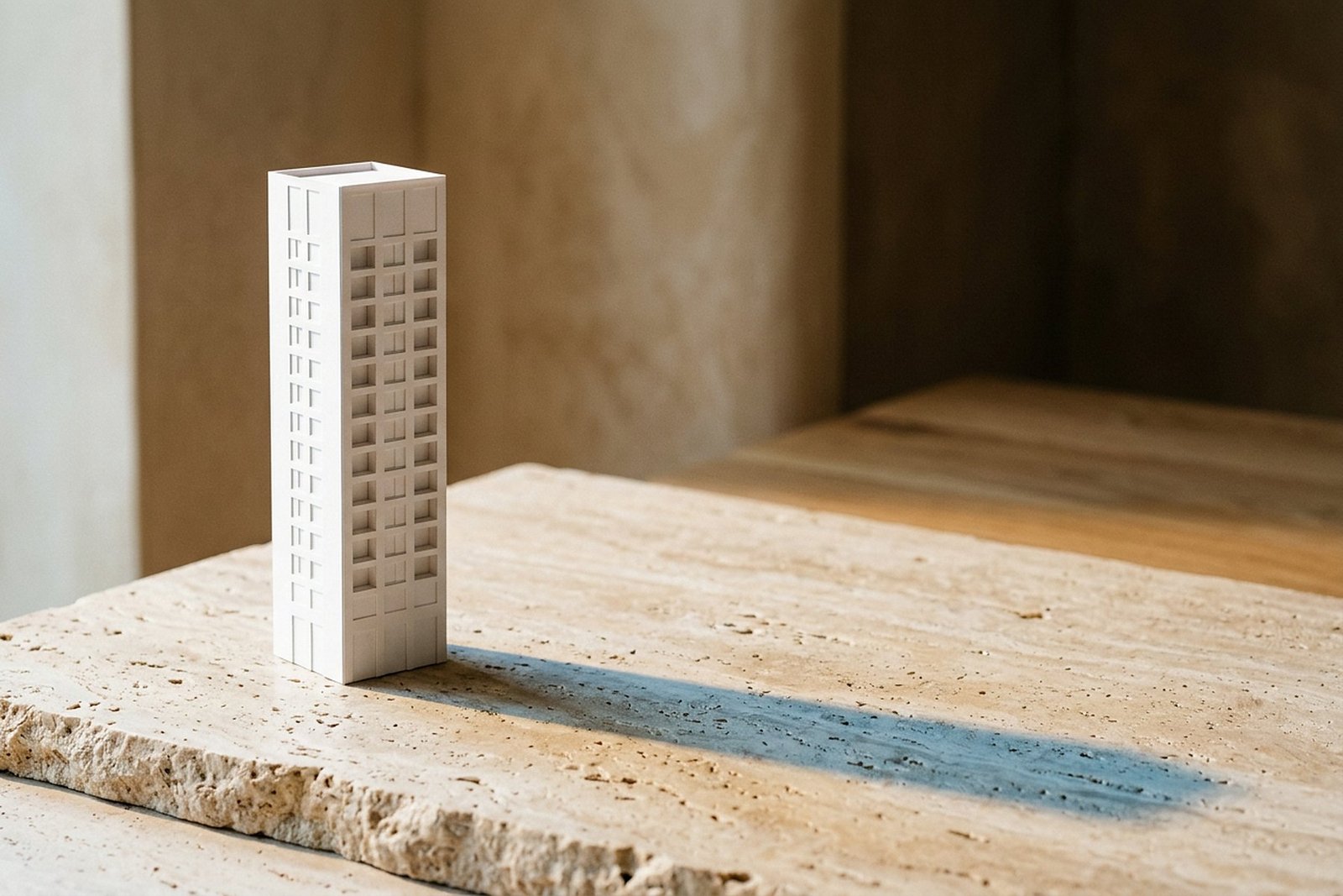 White card-stock tower model on travertine casting a cool blue-grey shadow in warm light
