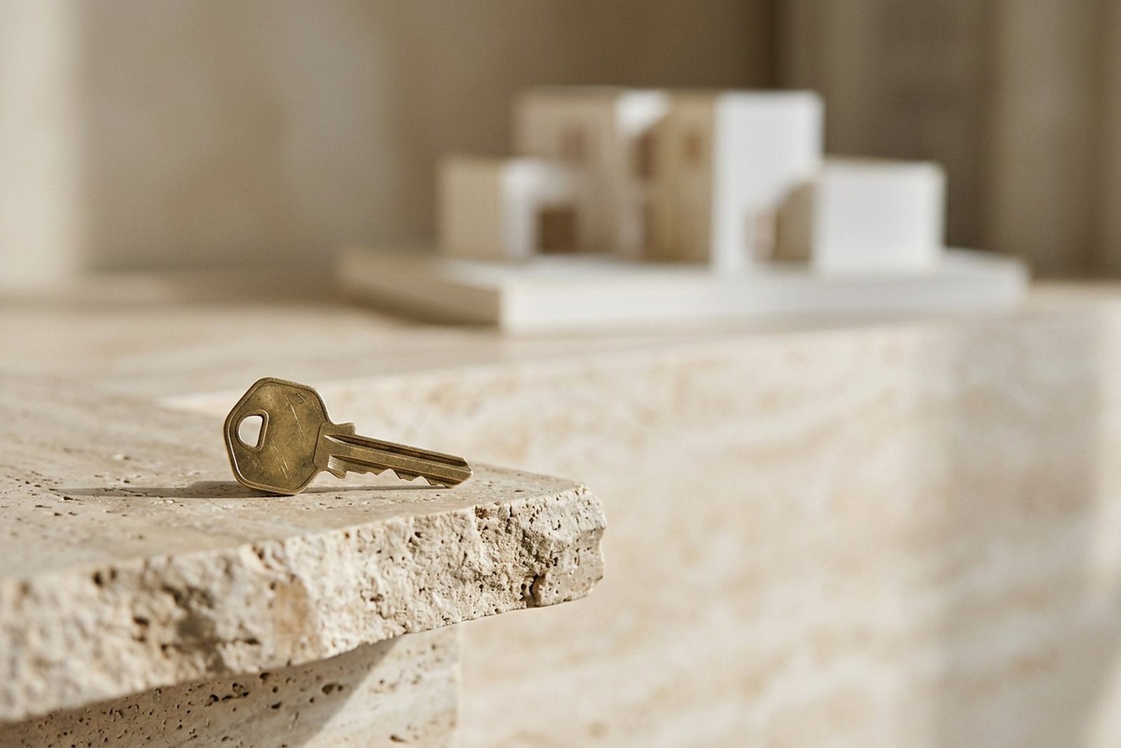 A plain brass key on the edge of a travertine ledge with a white card-stock building model blurred behind