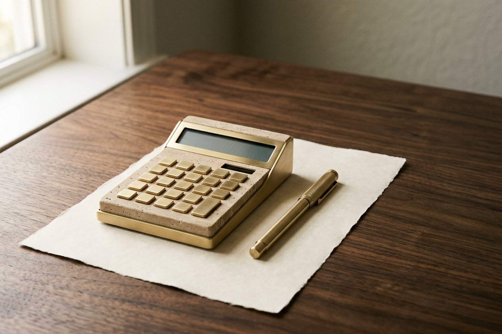 Brass and travertine calculator with blank keys and a brass pen on cream paper on a walnut desk