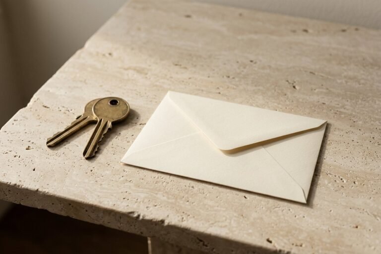Two plain brass keys beside a sealed blank cream envelope on a slab of travertine