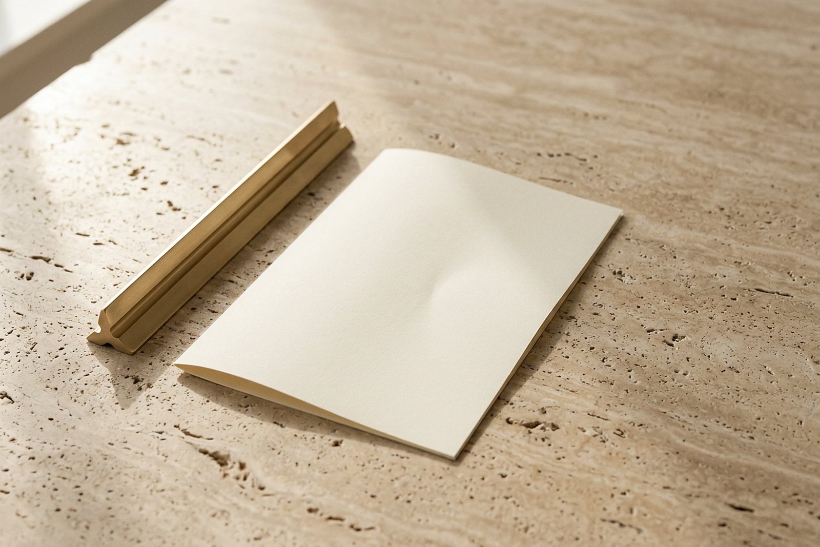 Brass architect's scale rule beside a folded blank sheet of cream drafting paper on travertine