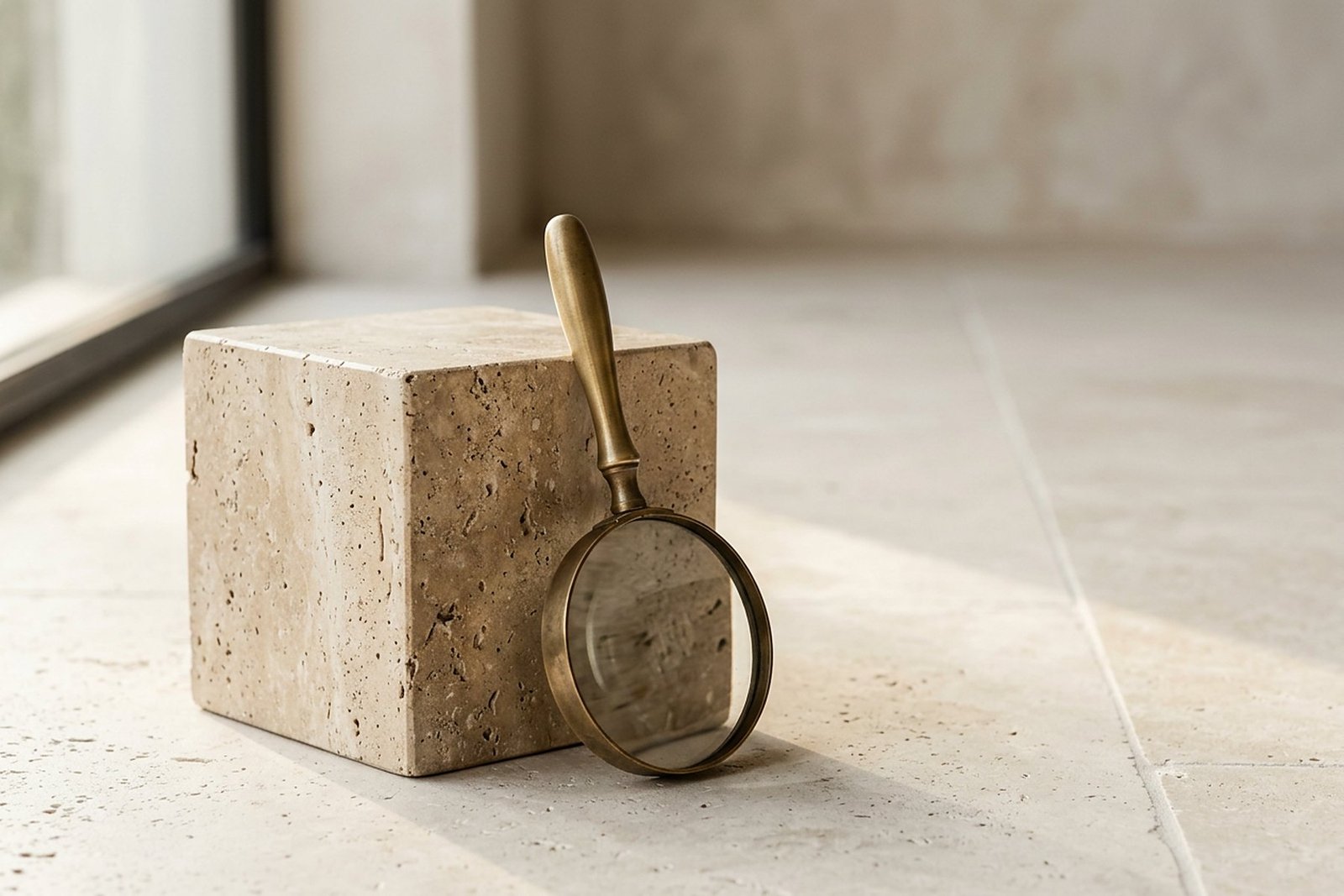 A brass magnifying loupe leaning against a single travertine cube on a pale stone floor in soft daylight