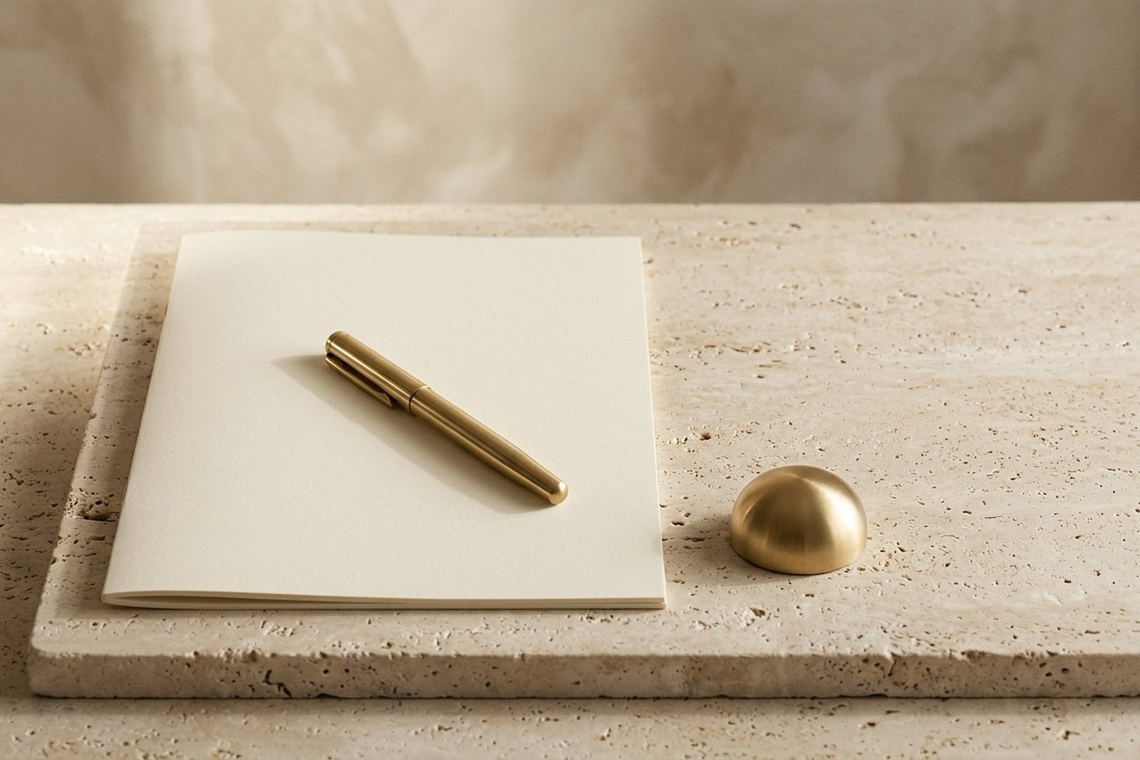 A blank cream document folio with a slim brass pen laid across it and a small brass paperweight, on a pale travertine slab (concept image)