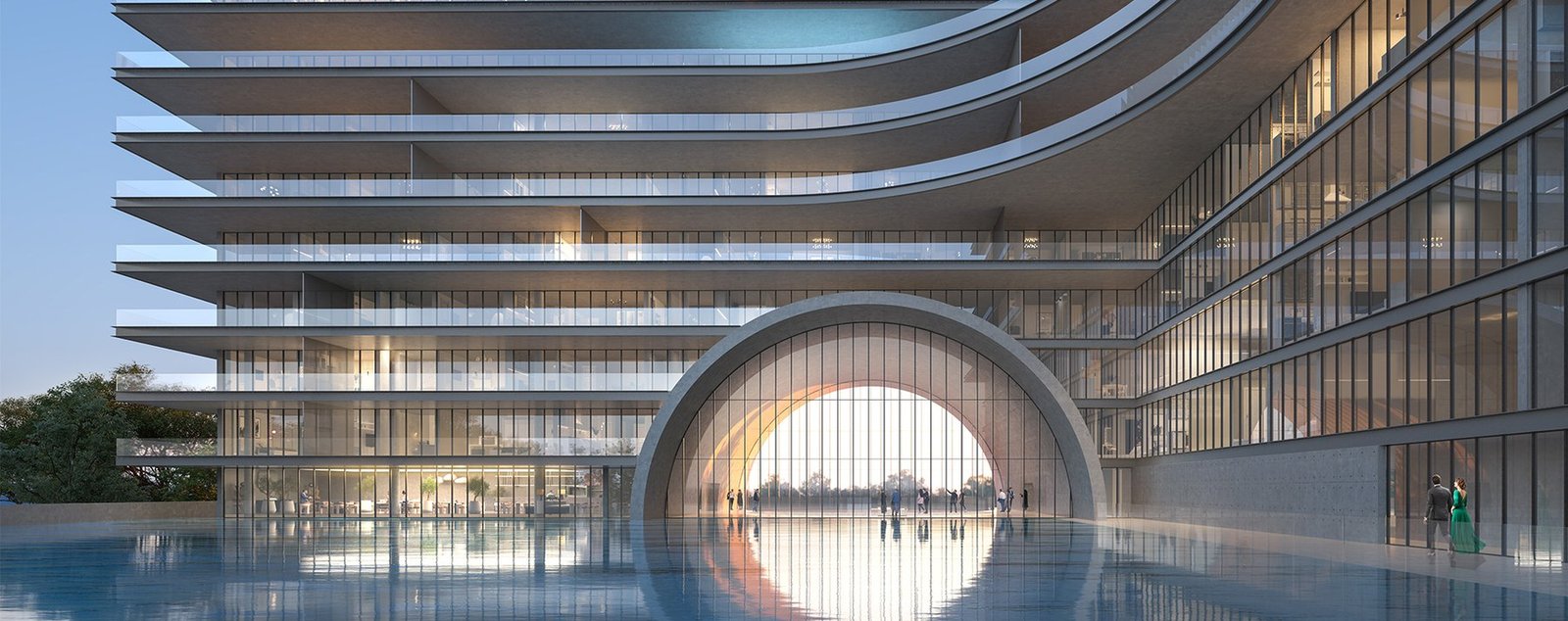 Curved terraced waterfront residence with a large arched opening beside the water, rendered view