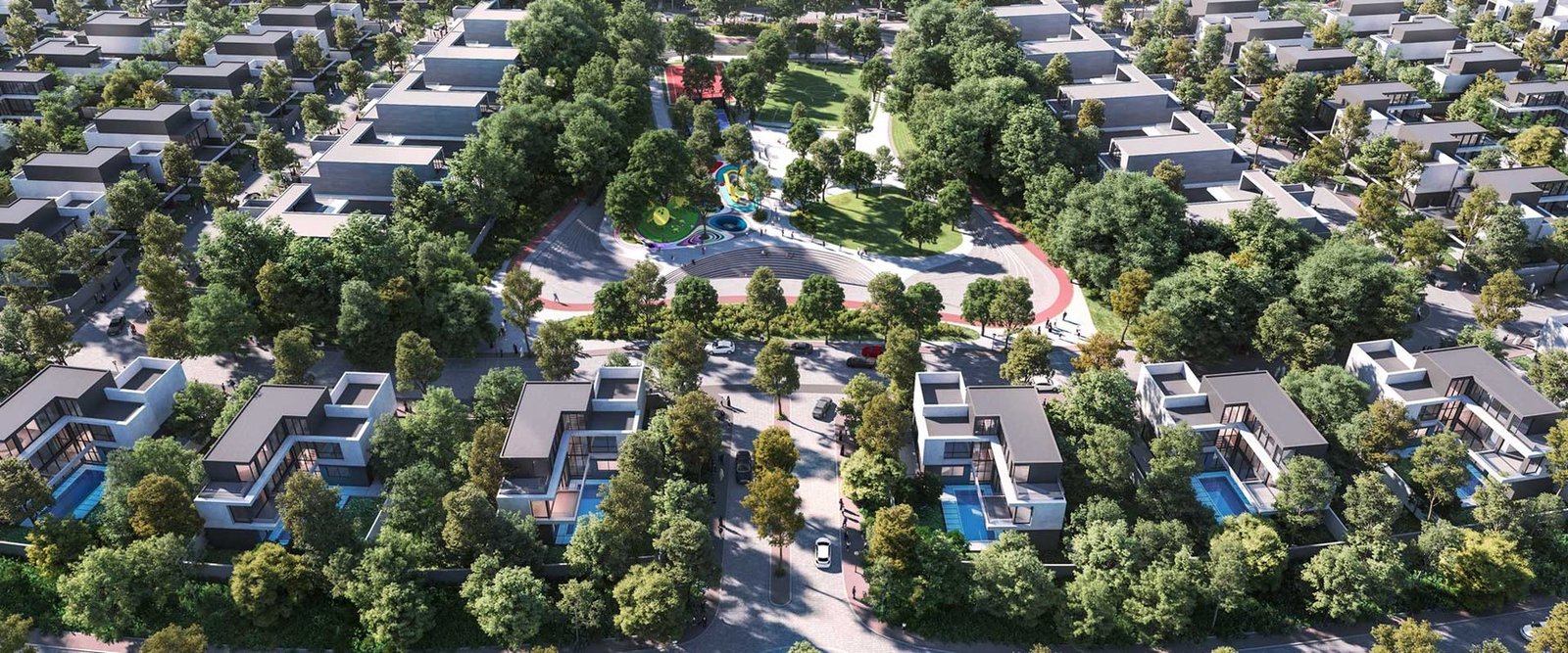 Aerial view of modern villas with gardens and pools in a green community, rendered view