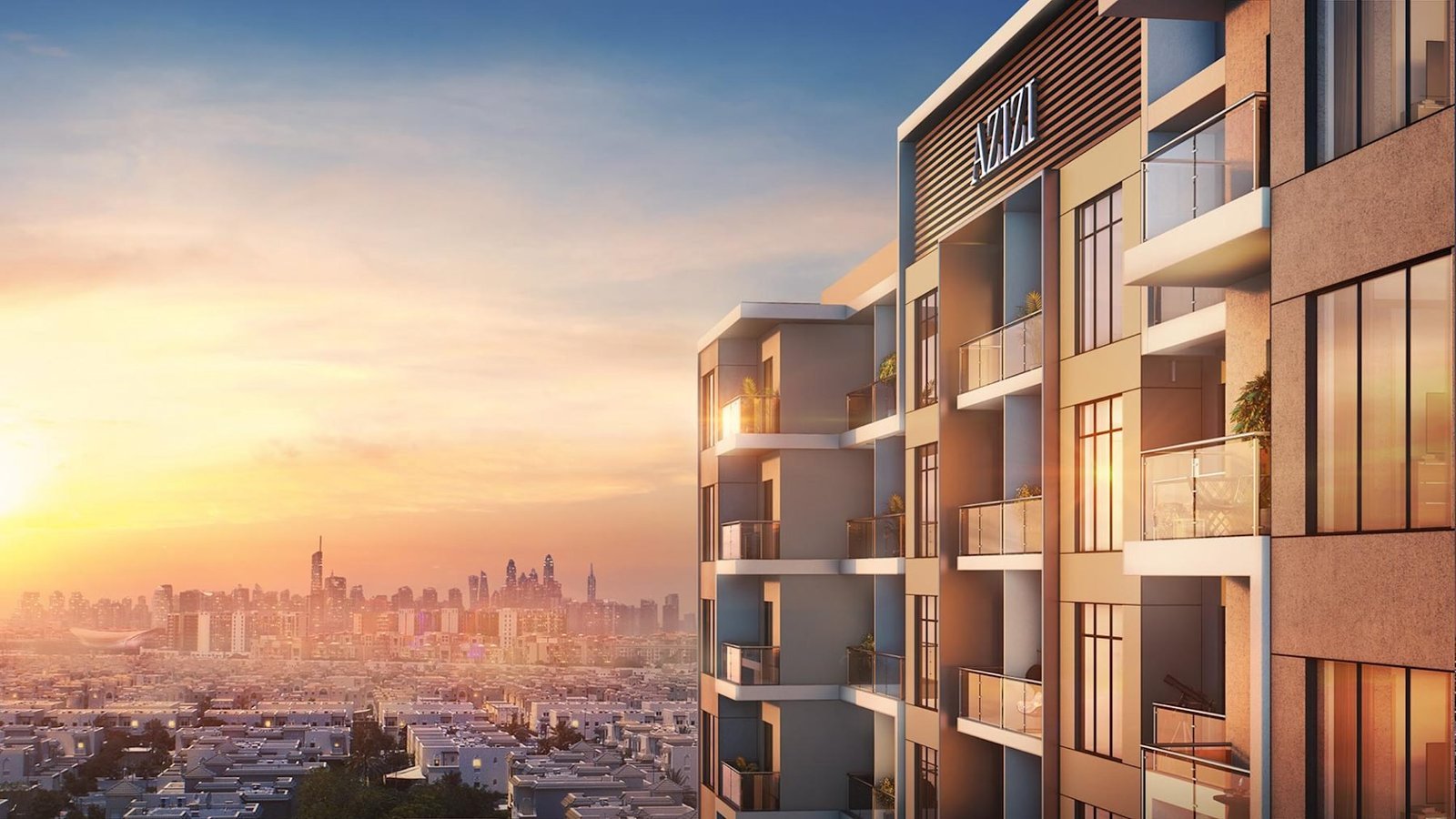 Apartment balconies in warm light with a city skyline at sunset, rendered view