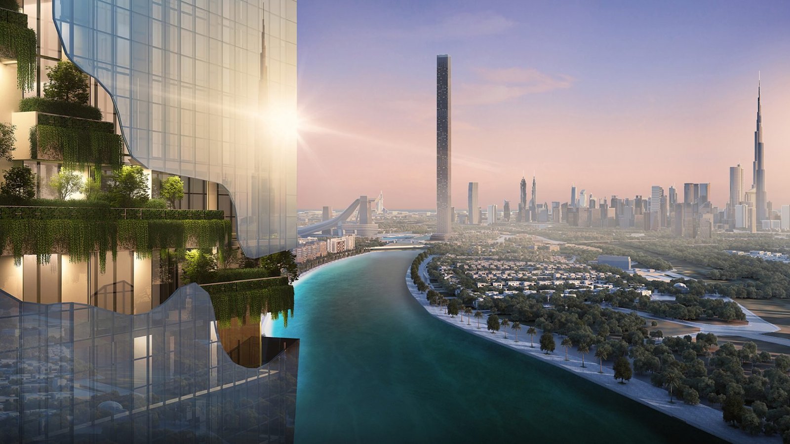 Landscaped canal beside a glass residential tower with planted terraces and the Dubai skyline beyond, rendered view