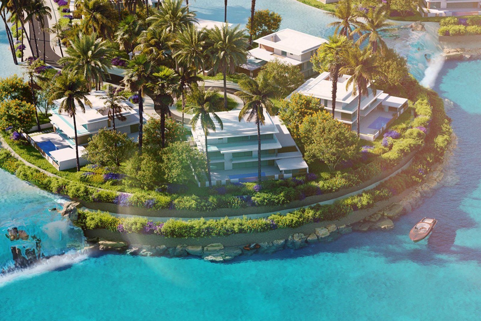 Aerial view of a landscaped lagoon island with waterfront villas and palm trees, rendered view
