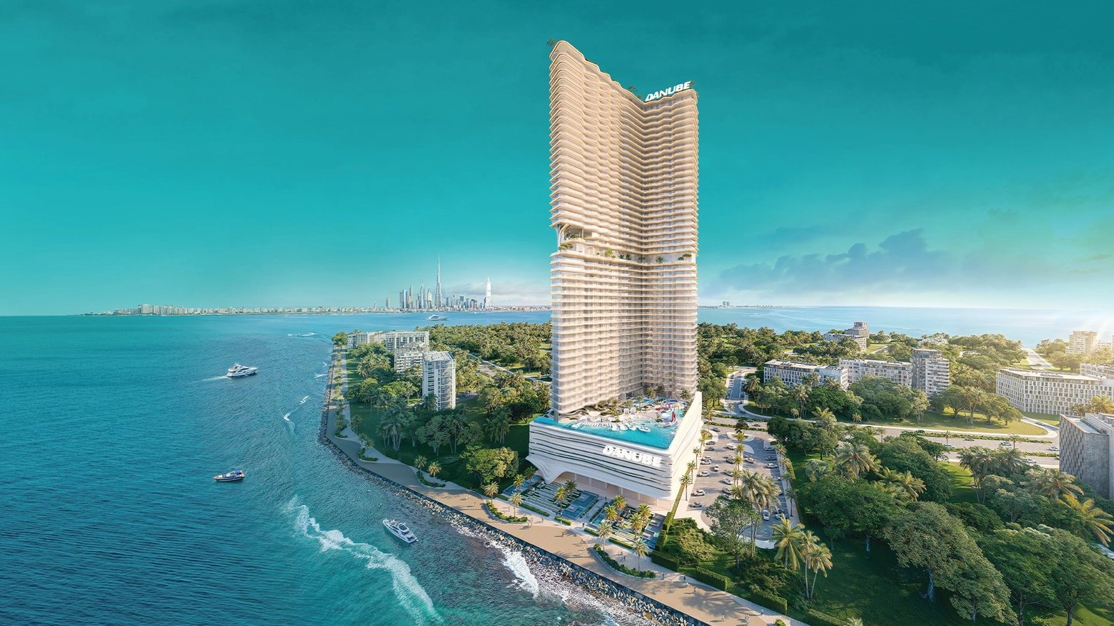 Tall residential tower on a wooded waterfront headland with boats on a turquoise sea, rendered view