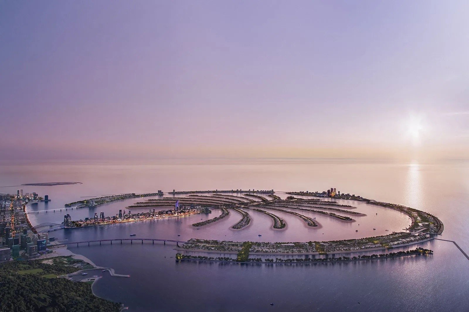 Aerial view of the Palm Jebel Ali fronds at sunset, rendered view