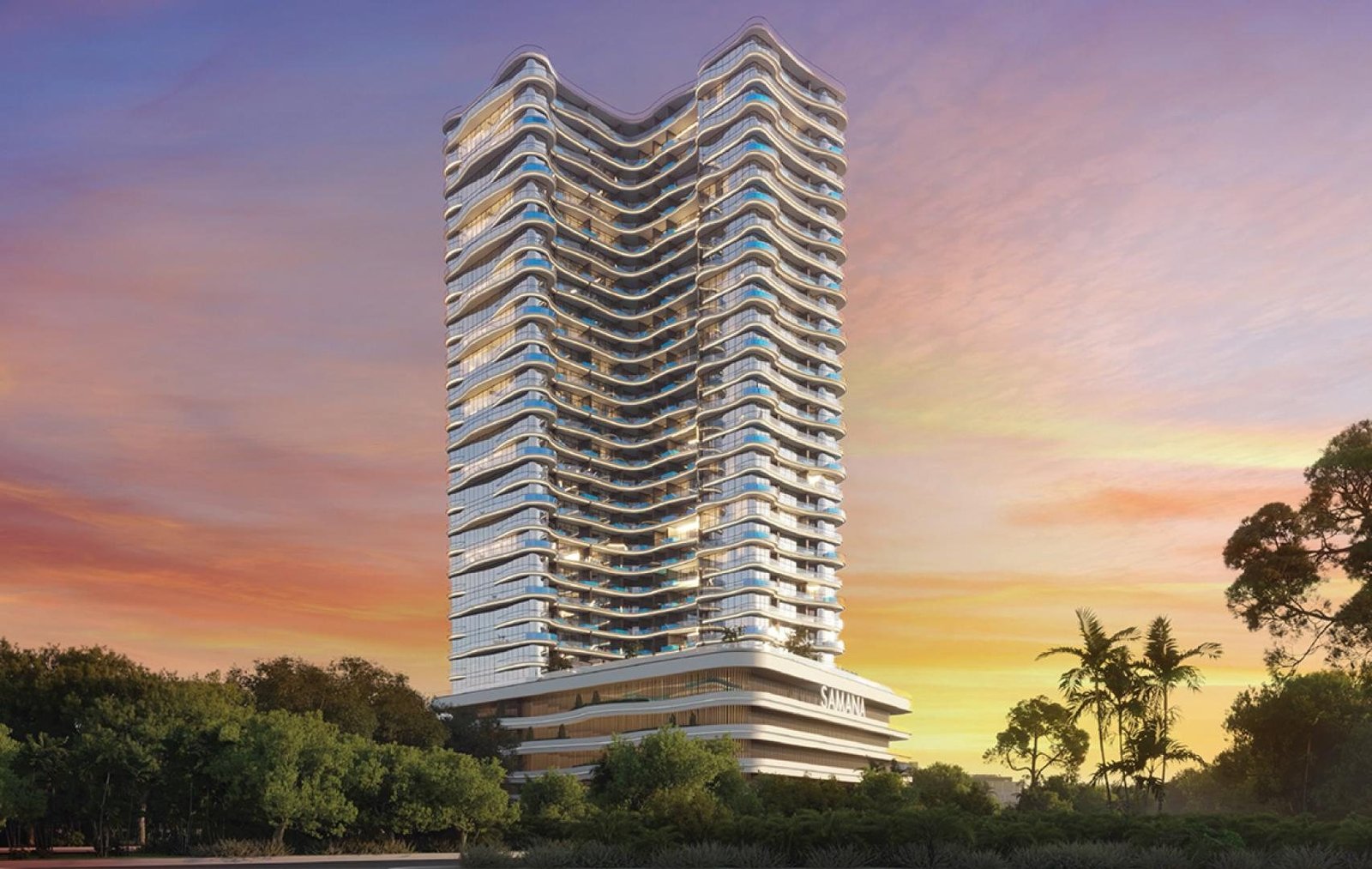 Curved residential tower with wave-like balcony bands against a sunset sky, rendered view